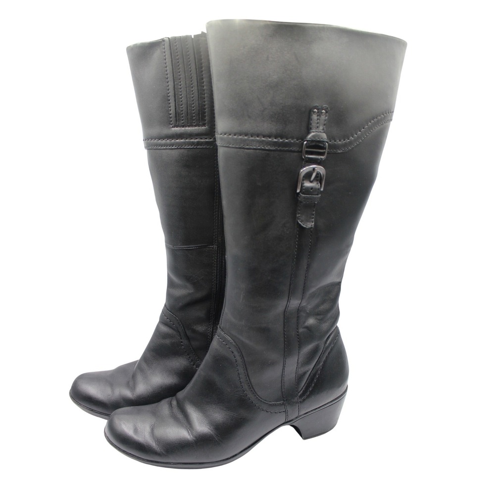 Naturalizer Black Leather Tall Riding Boots Womens 9.5W Side Zip Buckle 66782